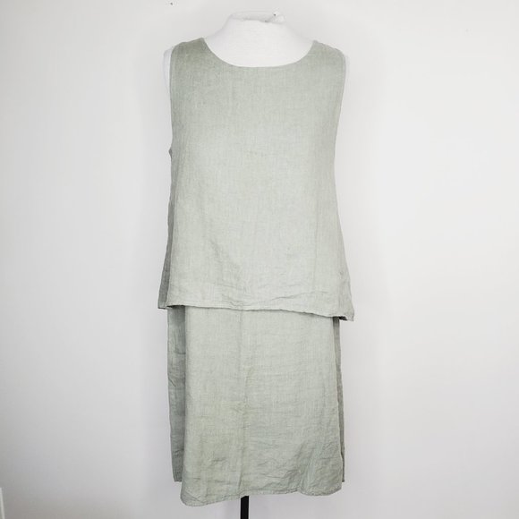 Lungo L'Arno Italy Dress Pure Linen Layered Boho Lagenlook Sage Green L - Picture 2 of 12